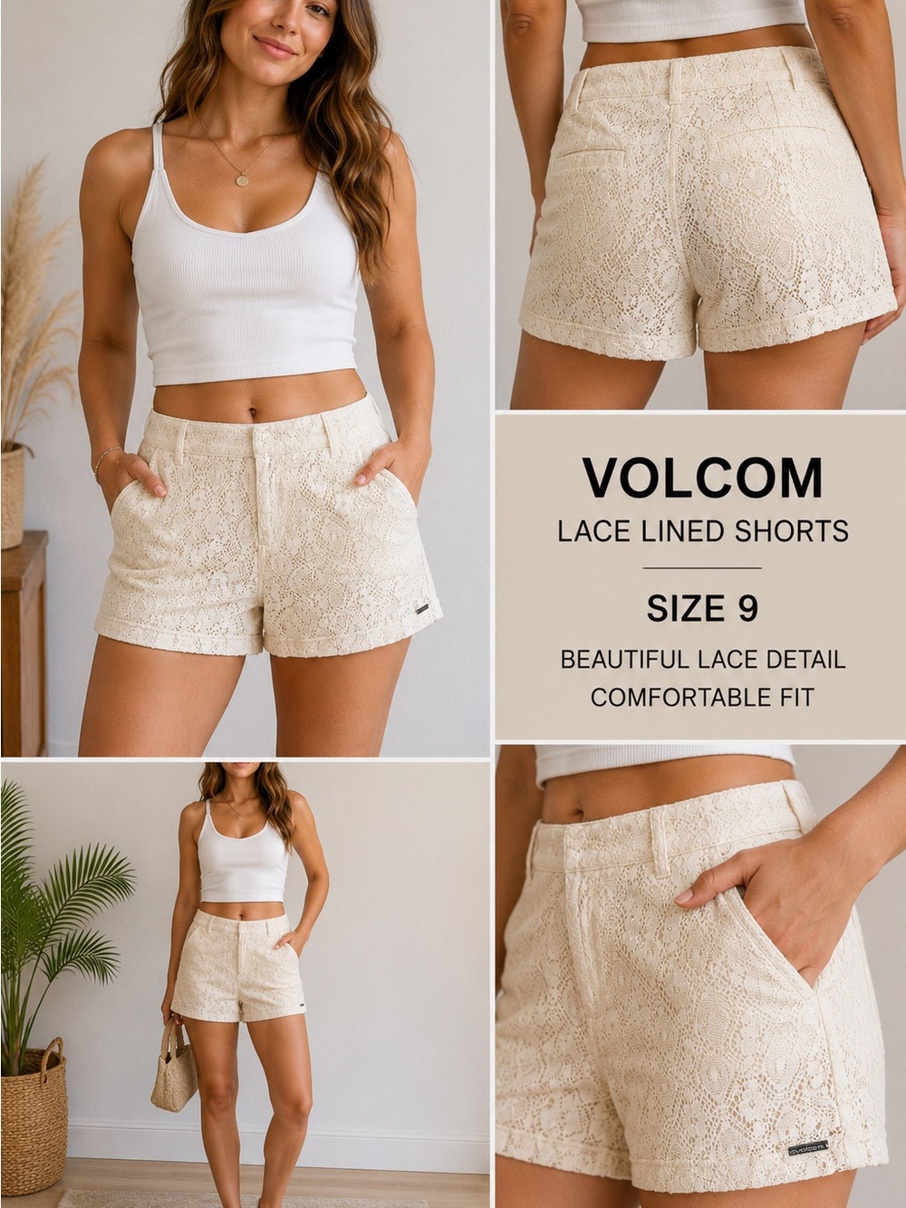 Volcom Lace-Lined Crochet Shorts in Cream